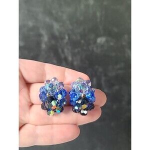 Blue Aurora Borealis Crystal Beaded Clip-on Earrings Vintage Costume Jewelry